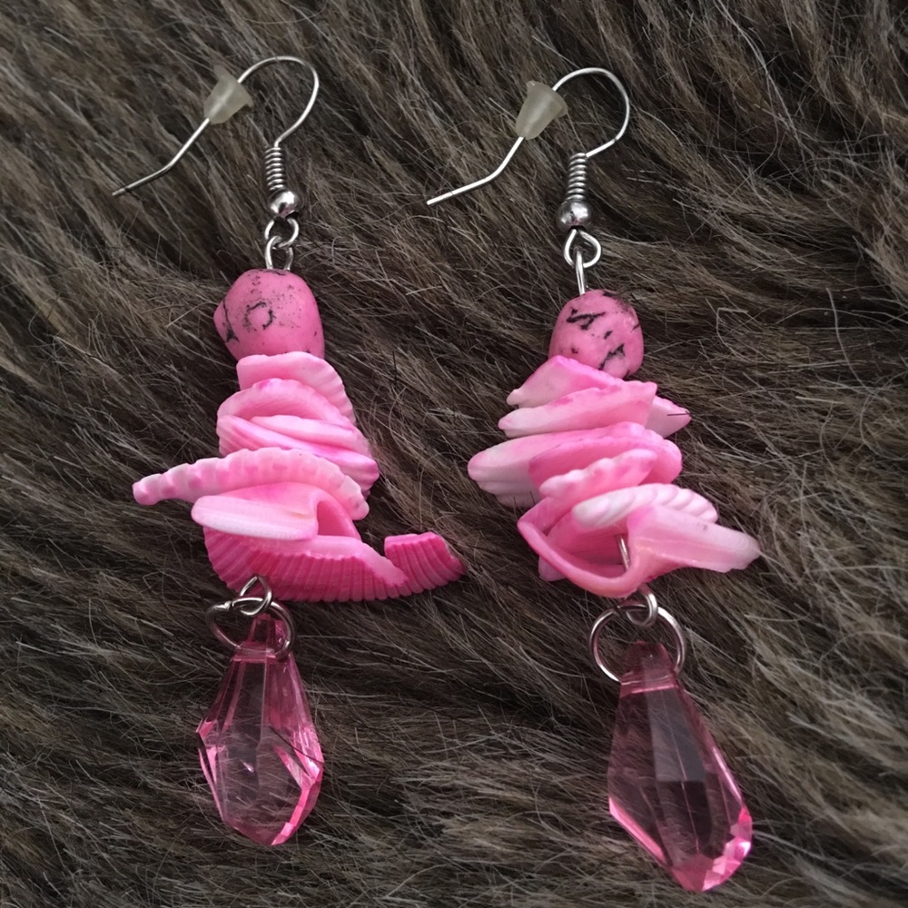 Pink faux shell and gem dangle fish hook earrings
